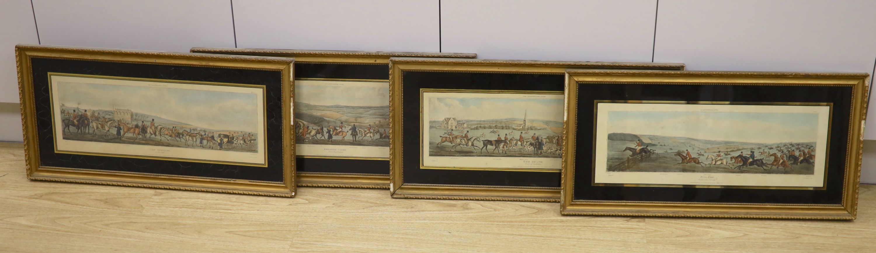 Sutherland after Alken, a set of four coloured engravings, The Leicestershire Covers, hunting scenes, 19 x 53cm, eglomise framed